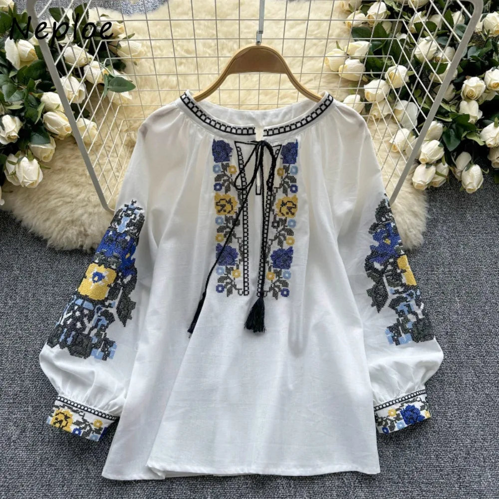Neploe Embroidered Tassel Blouse