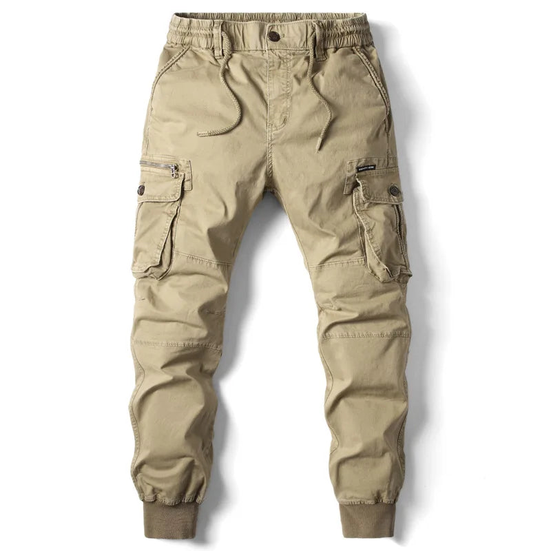Beige cargo pants on a white background