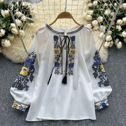 Neploe Embroidered Tassel Blouse