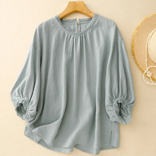 COTTON LACE COLLAR LINEN BLOUSE