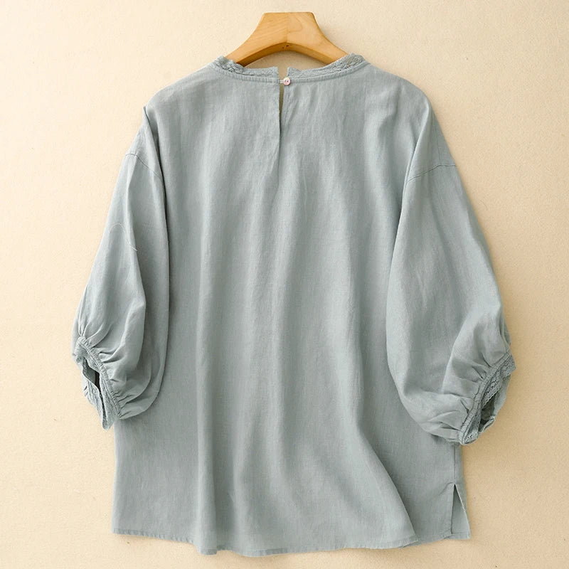 COTTON LACE COLLAR LINEN BLOUSE