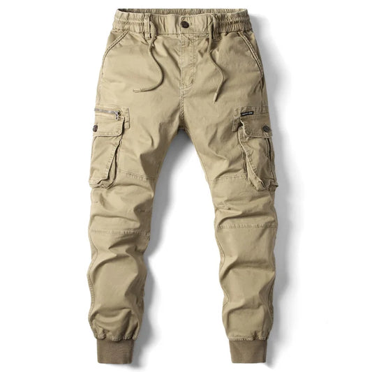 Beige cargo pants on a white background