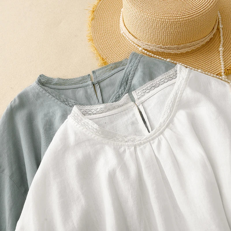 COTTON LACE COLLAR LINEN BLOUSE