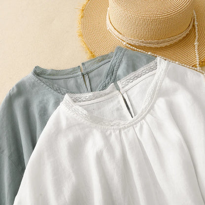 COTTON LACE COLLAR LINEN BLOUSE