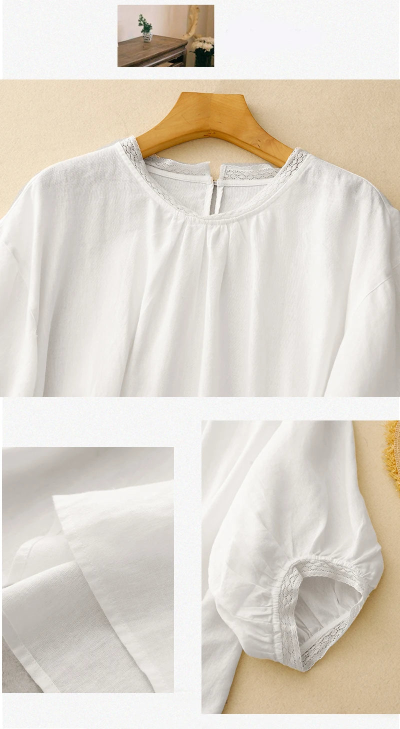 COTTON LACE COLLAR LINEN BLOUSE