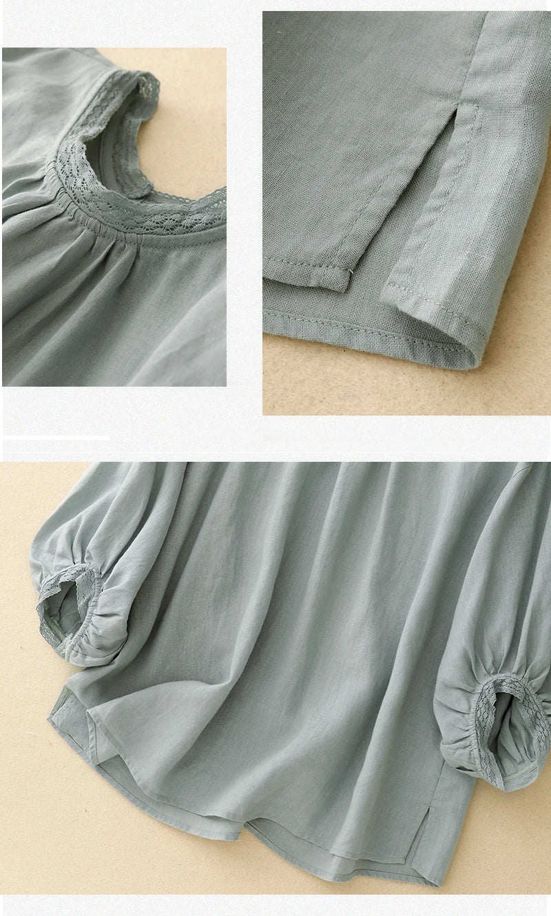 COTTON LACE COLLAR LINEN BLOUSE