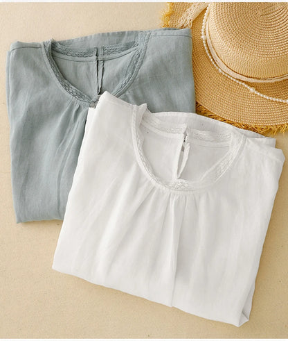 COTTON LACE COLLAR LINEN BLOUSE