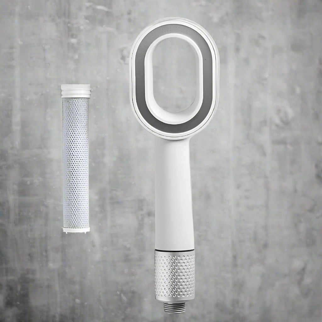 Handheld shower head with filter cartridge on a light gray background, featuring the brand 'DG Flips'.
