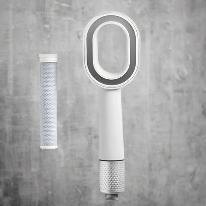 Handheld shower head with filter cartridge on a light gray background, featuring the brand 'DG Flips'.