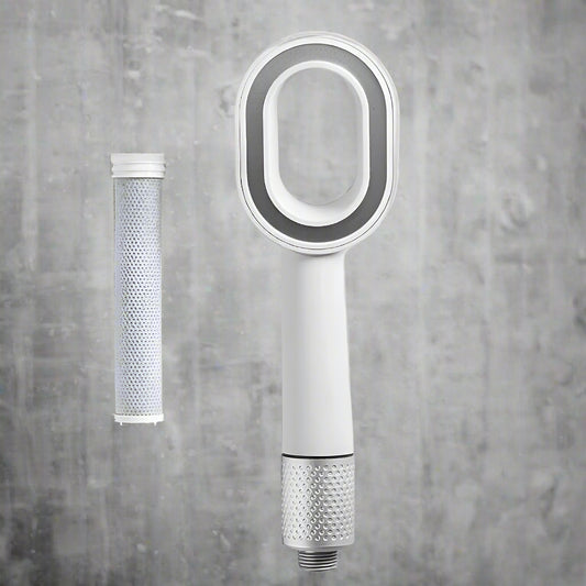 Handheld shower head with filter cartridge on a light gray background, featuring the brand 'DG Flips'.