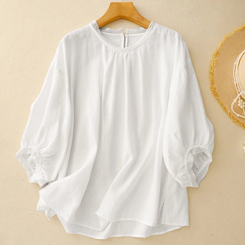 COTTON LACE COLLAR LINEN BLOUSE