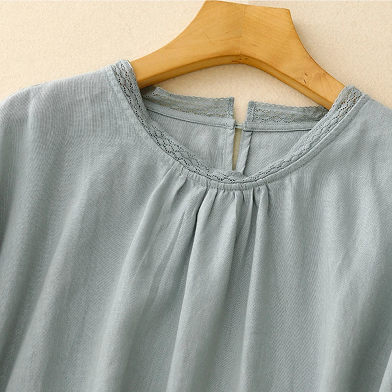COTTON LACE COLLAR LINEN BLOUSE