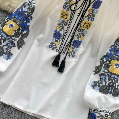 Neploe Embroidered Tassel Blouse